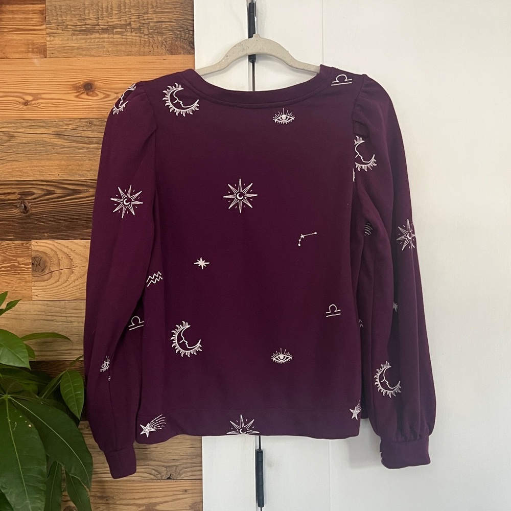 LOFT Embroidered Celestial Deep Purple Puff Sleeve Long Sleeve Top Medium - Picture 3 of 4